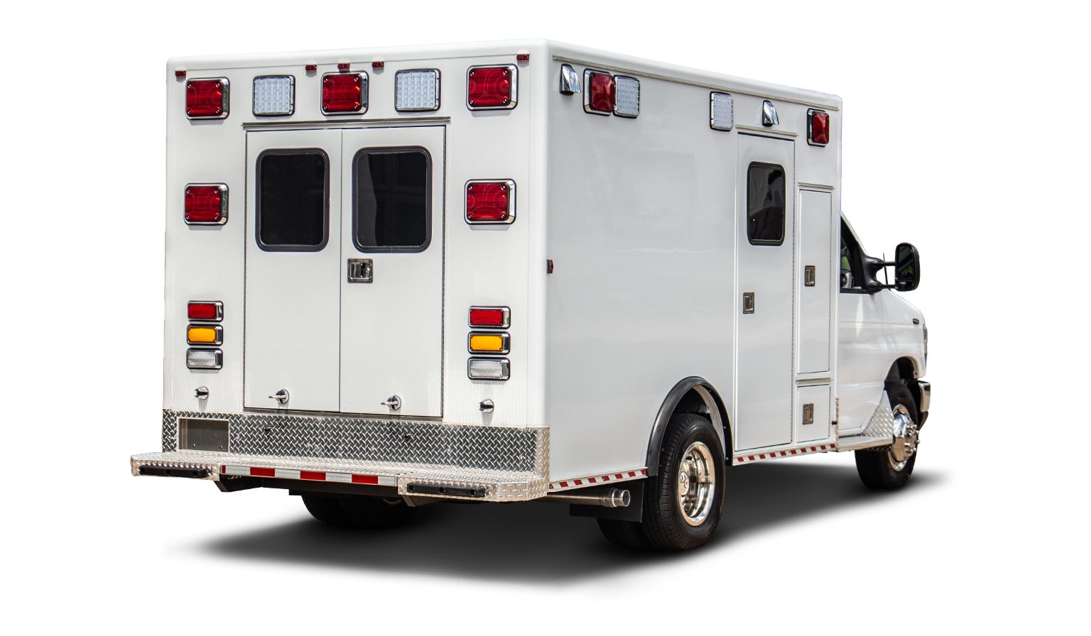 The rear view of a white ambulance truck.